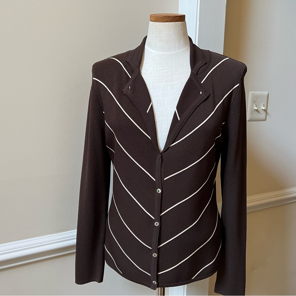 Linda Matthews - Brown Striped Button-down V Neck Cardigan Sweater
